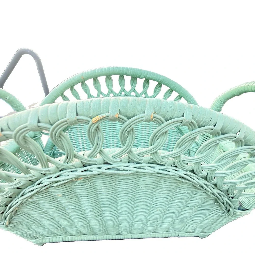 Vintage 1980s Seafoam Green Wicker Magazine Basket Boho Cottage Storage